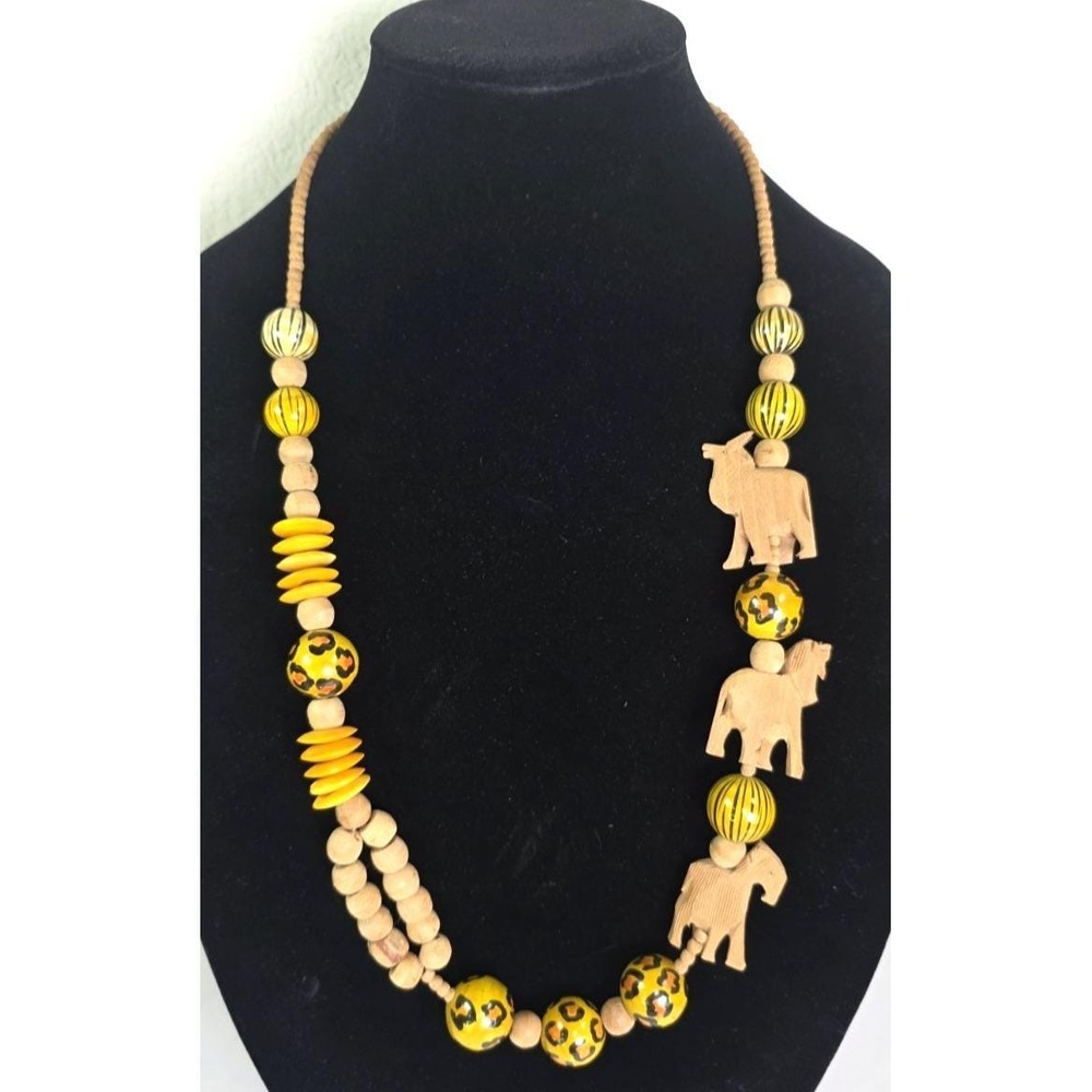 Vintage Wood Beaded Necklace w/Hand Carved Safari Animals African Boho‎ 30" EUC